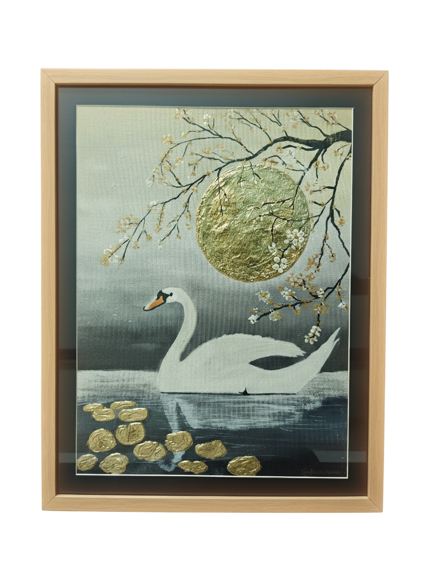 Handcrafted gold leaf painting of a swan