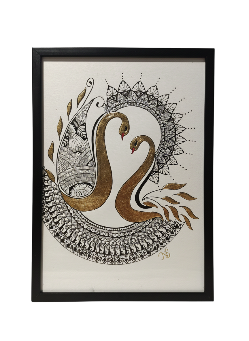 Handcrafted mandala swans art with gold leaf